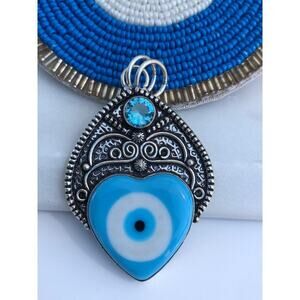 925 Sterling  Evil Eye Stone & Blue Topaz Heart Pendant